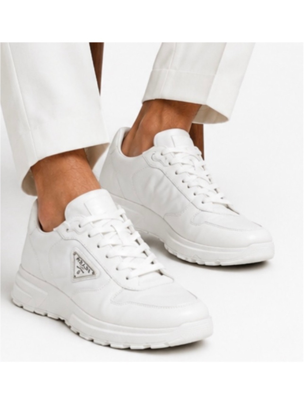 Men's Prada Prax 01 Re-Nylon and Leather Sneakers in White 10 New Never wear